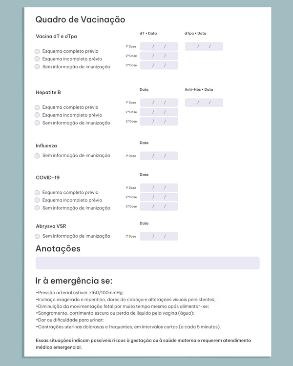 Modelo de cartão pré-natal com tabela de consultas e sorologias, design diferenciado para ginecologistas.