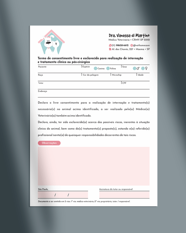 Termo de autorização para internação veterinária