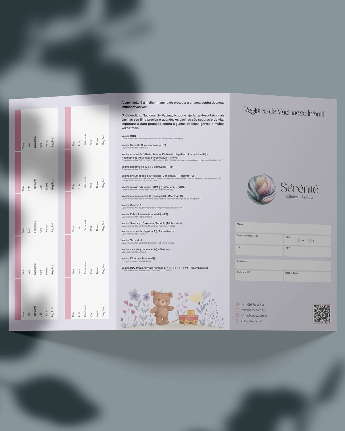 Carteira de vacinação infantil personalizada para pediatras com layout funcional, impressão premium.