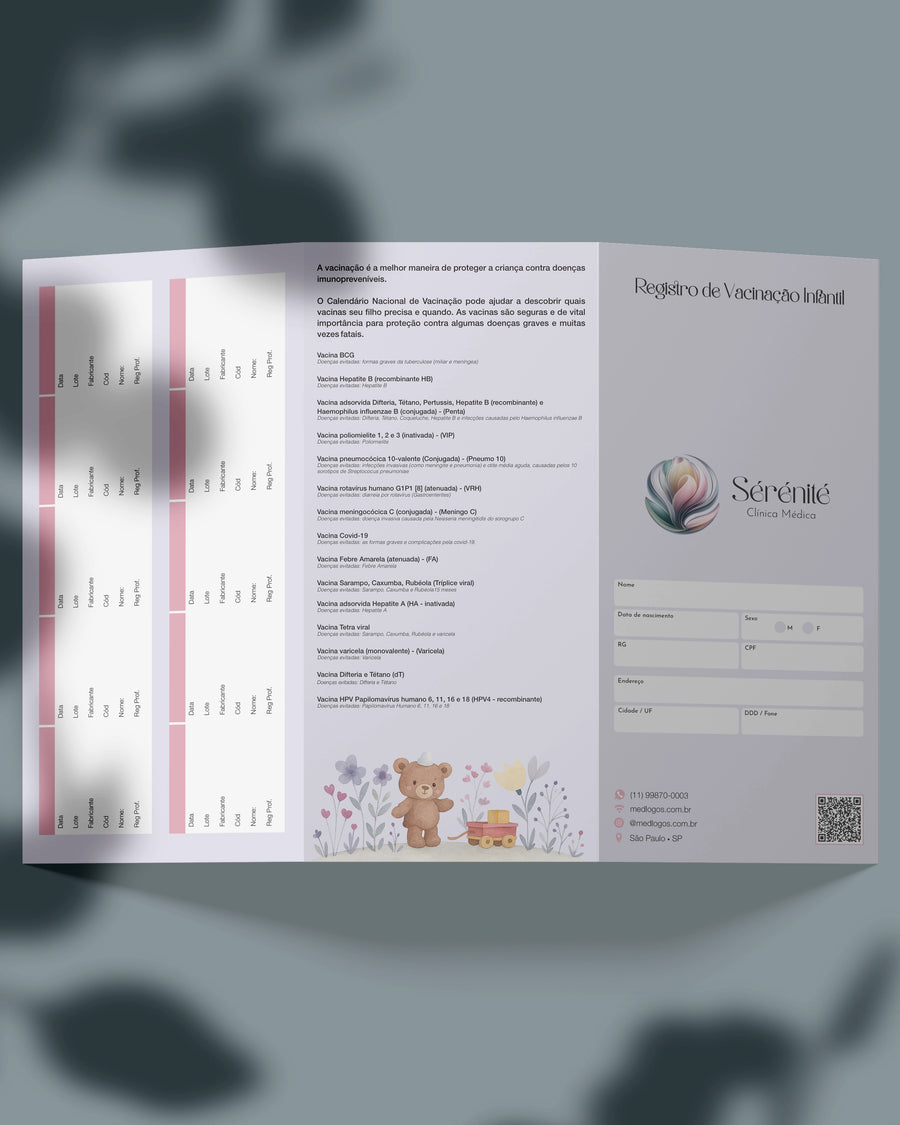 Carteira de vacinação infantil personalizada para pediatras com layout funcional, impressão premium.
