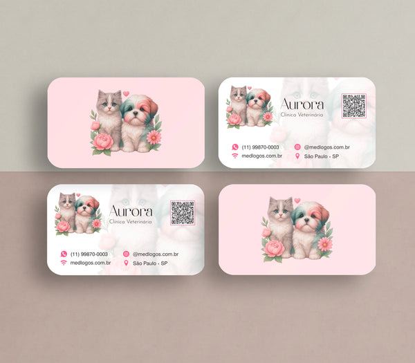 Cartão de visita para veterinários impresso em Couché Press® 300g, com laminação fosca e verniz localizado para acabamento sofisticado.