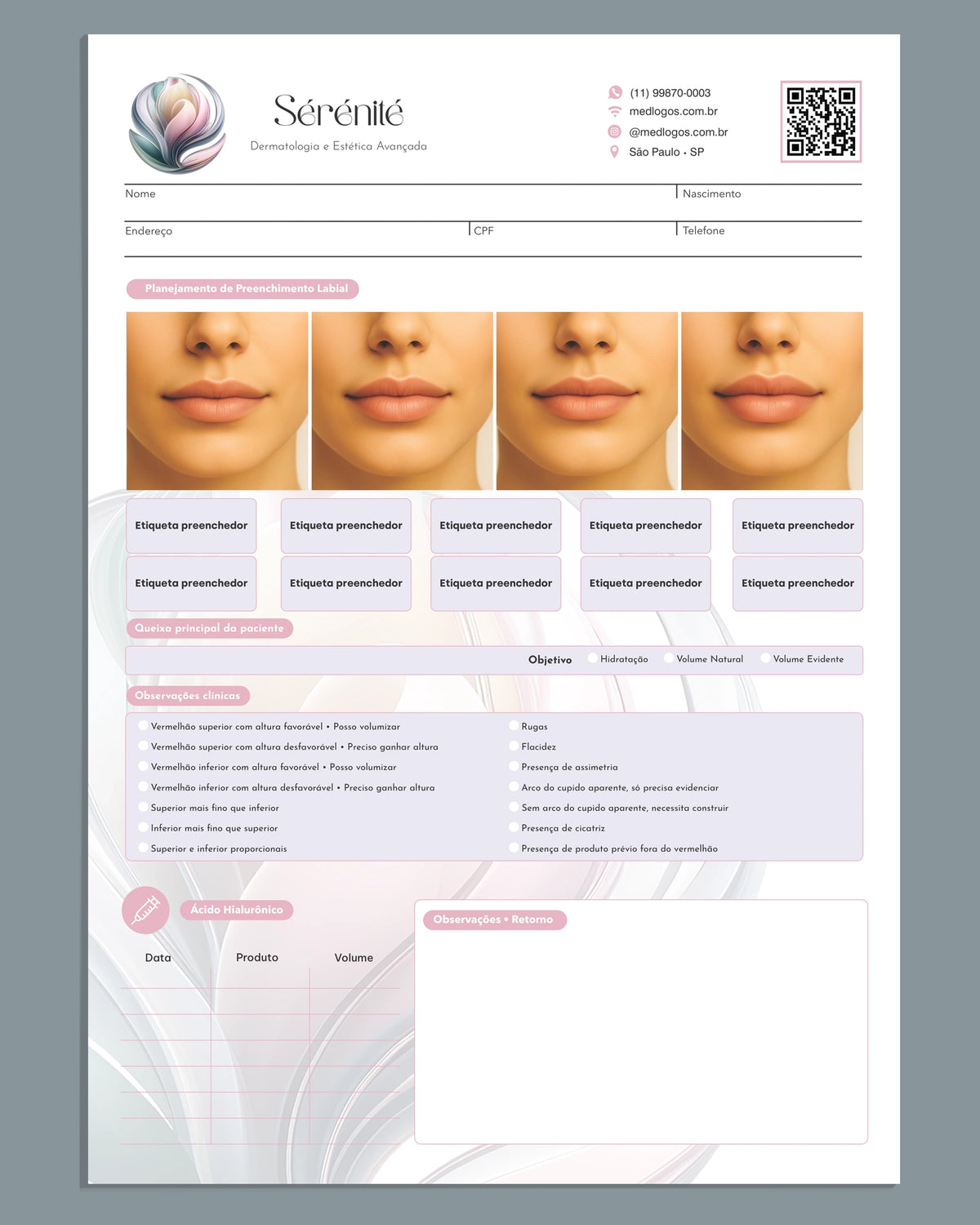 Ficha clínica de preenchimento labial Sérénité com fotos dos lábios, campos de avaliação e anotações