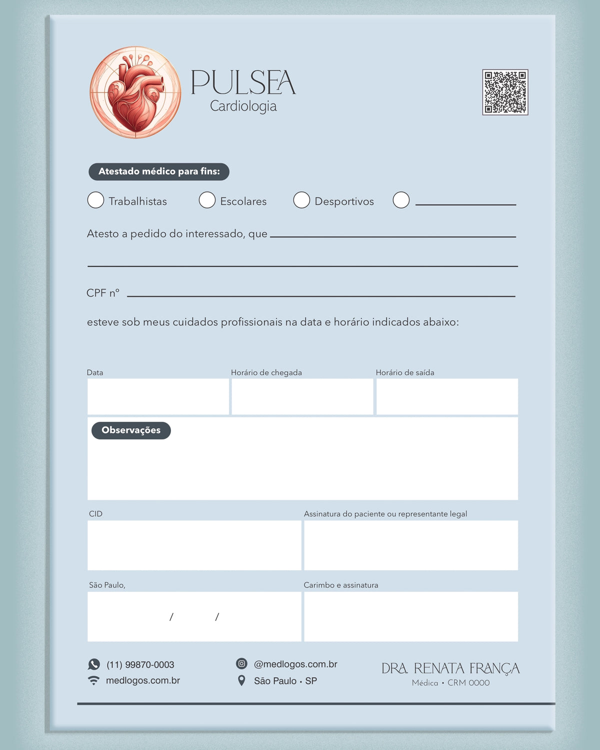 Atestado médico em fundo azul claro, modelo Pulsea Cardiologia