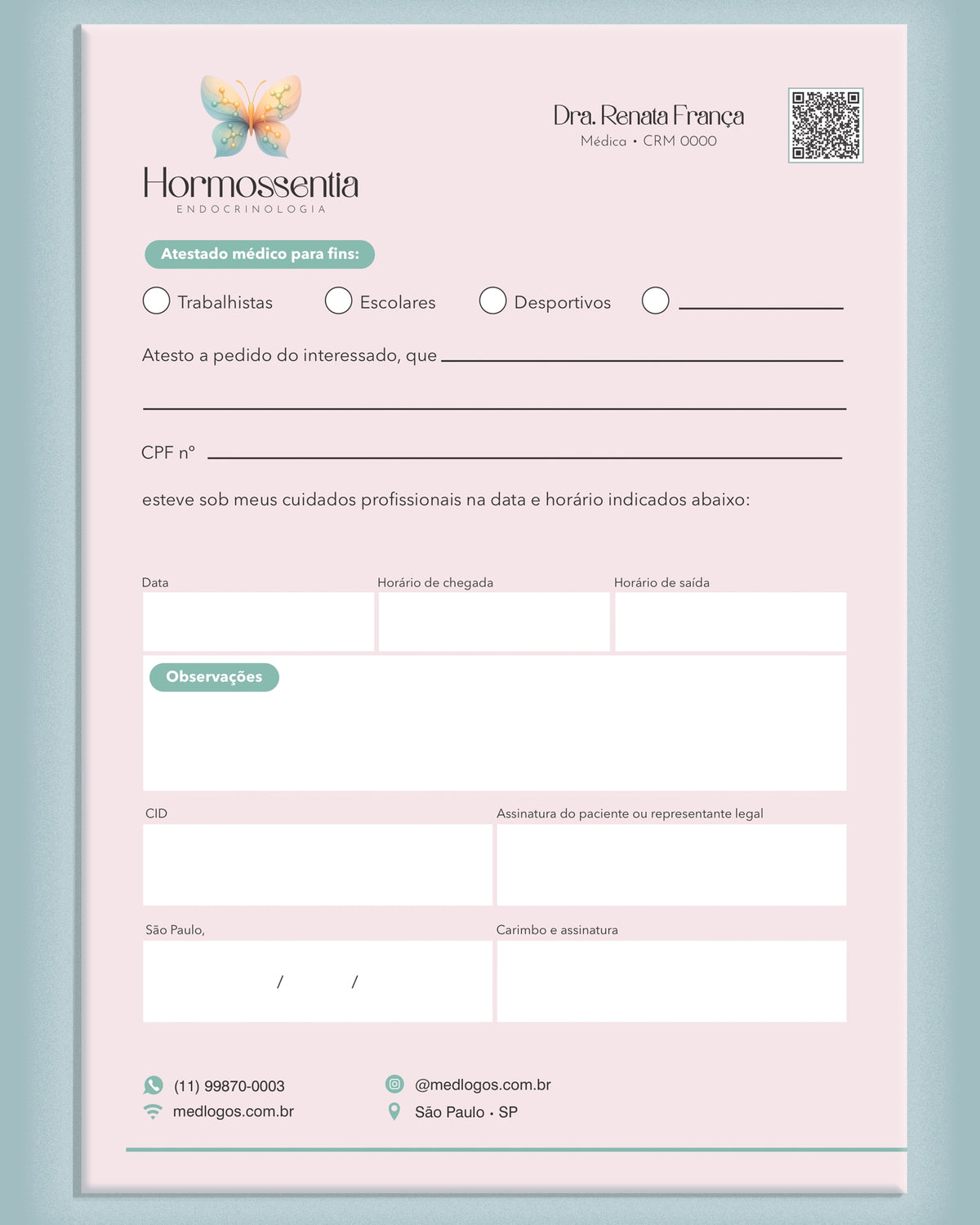 Atestado médico em fundo rosa, modelo Hormossentia Endocrinologia