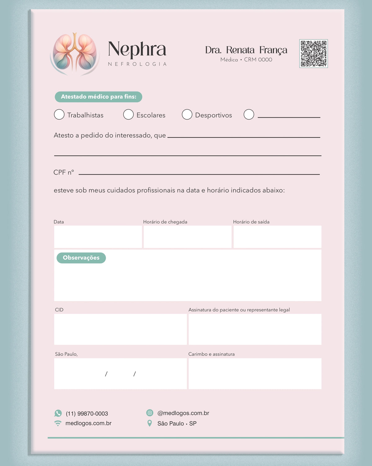 Atestado médico em fundo rosa, modelo Nephra Nefrologia