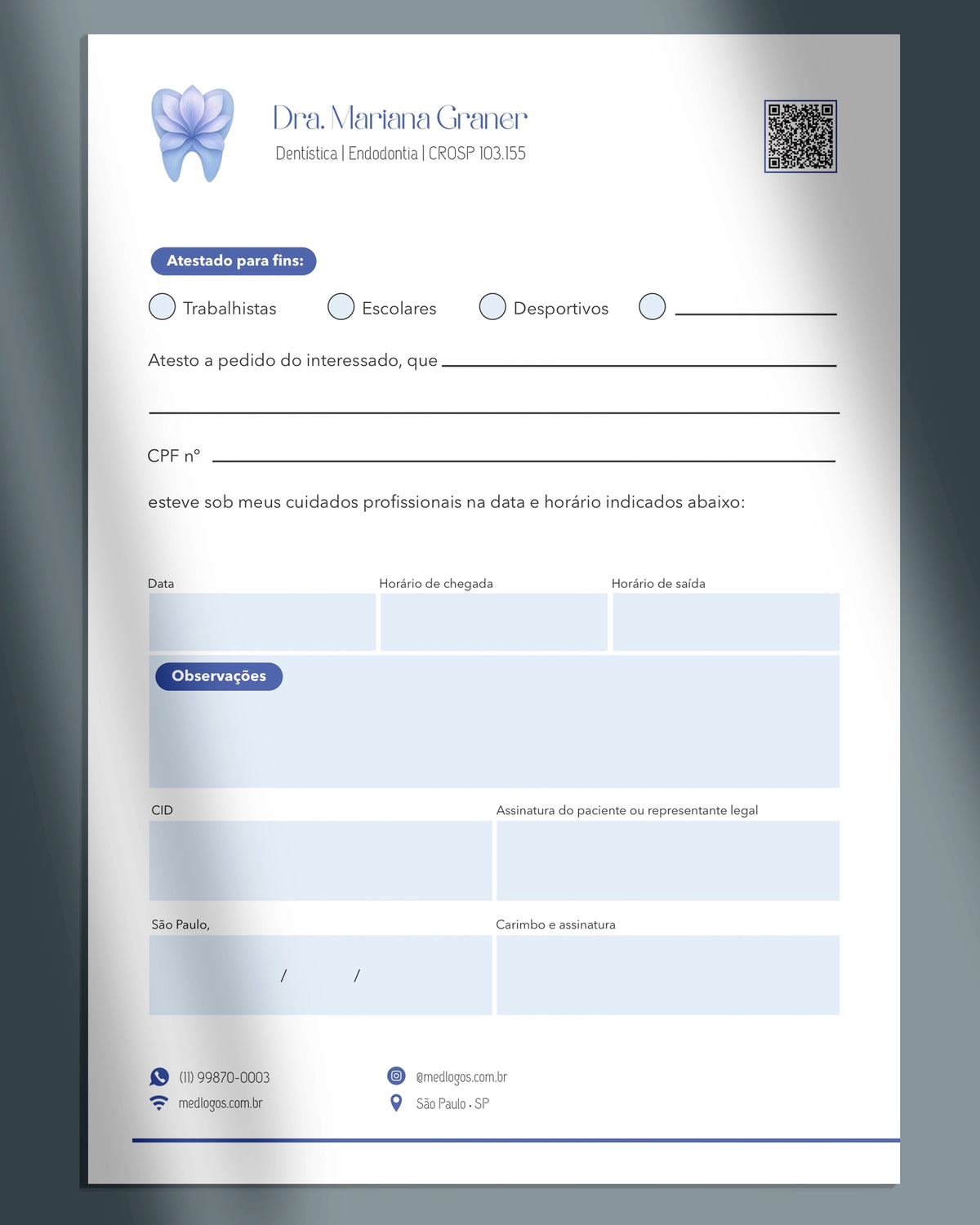 Atestado odontológico para dentistas, impressão premium e layout elegante.