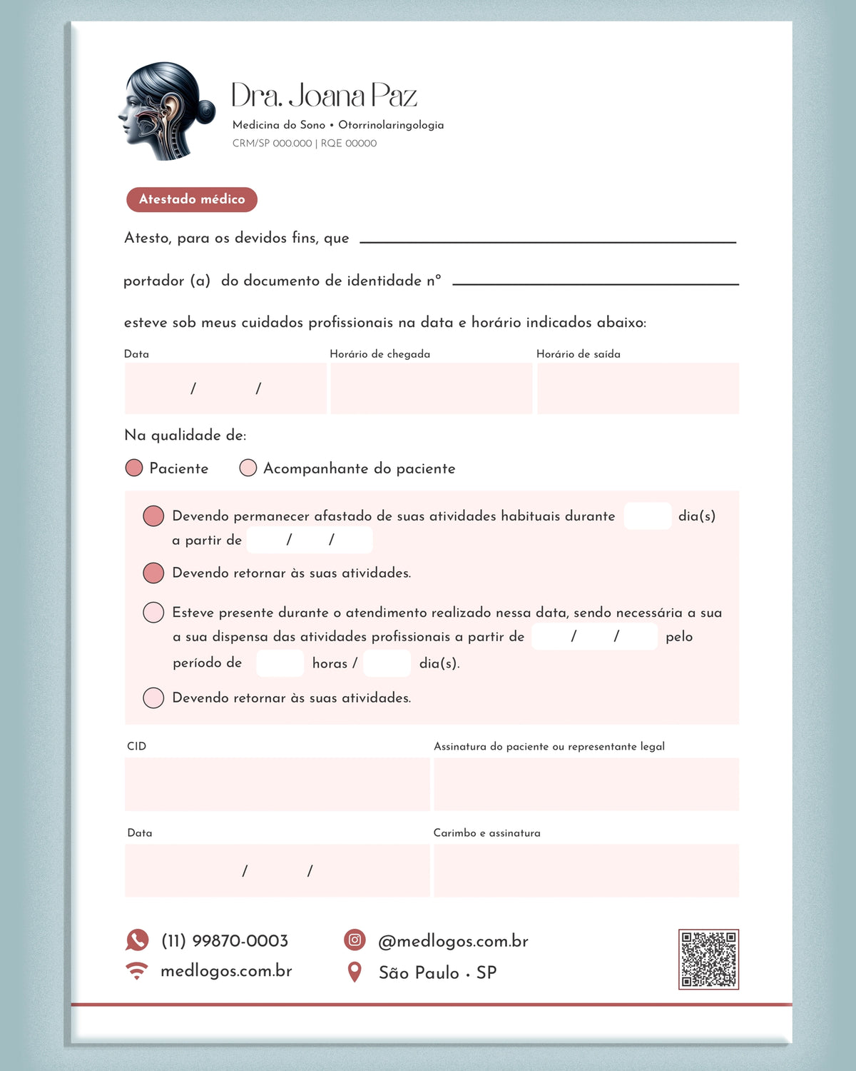 Atestado médico para otorrinolaringologia com campos para diagnóstico e orientações, impresso pela gráfica Med Logos