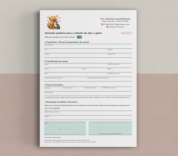 Atestado sanitário veterinário para viagens com pets dentro do território nacional.