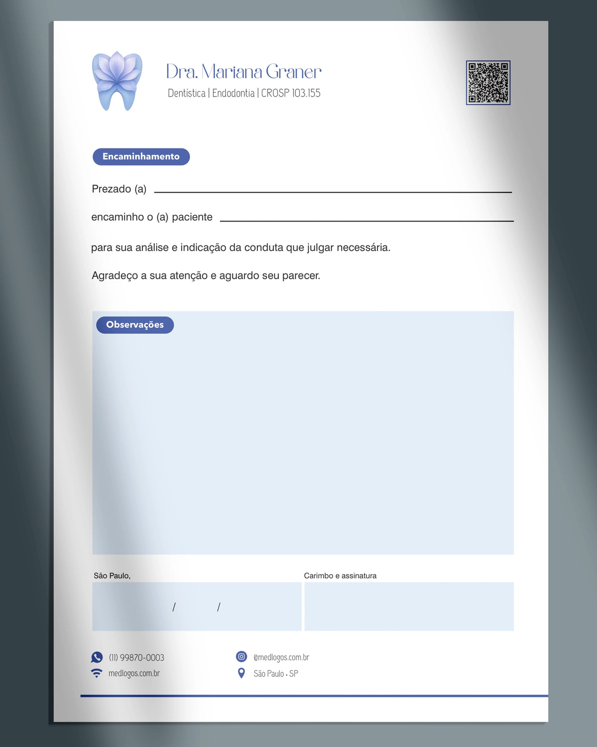 Carta de encaminhamento para dentista em tons de azul com campo de observações