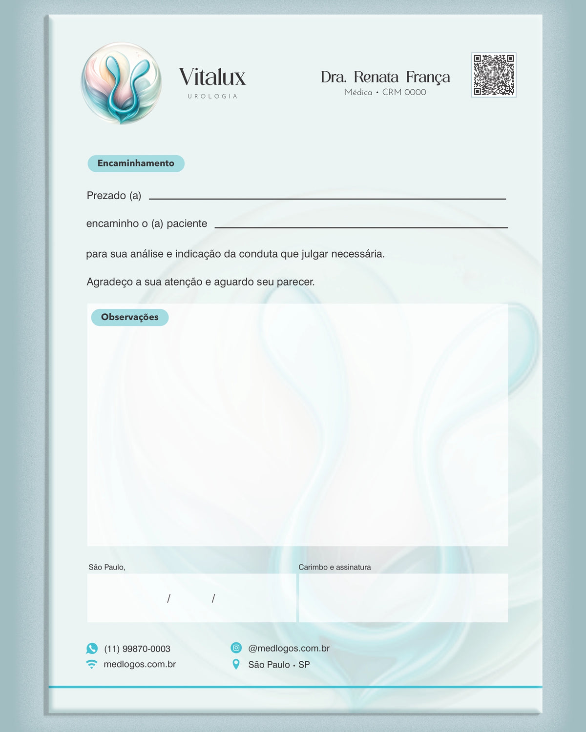 Carta de encaminhamento médico para urologia com campos para especialista e razões, impressa pela gráfica Med Logos.