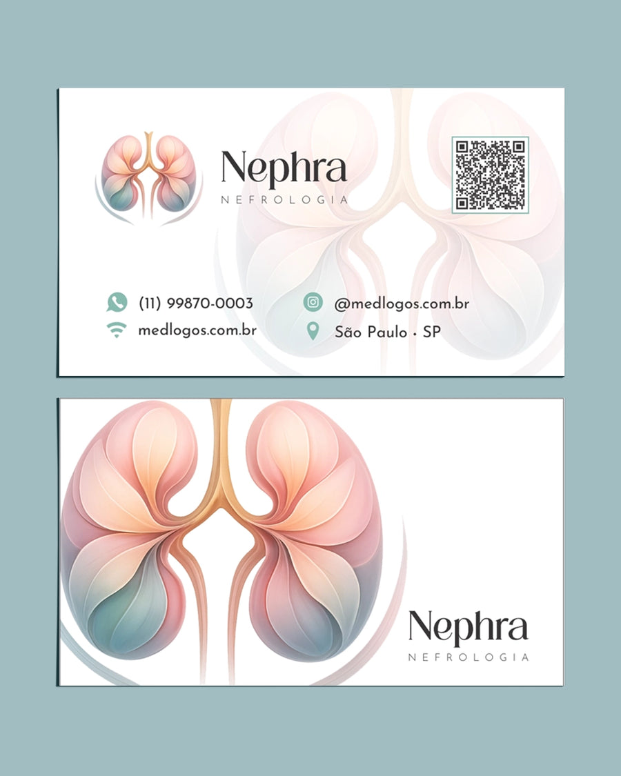 Cartão de visita Nephra nefrologia de cantos retos, frente com QR code e verso com ilustração de rins
