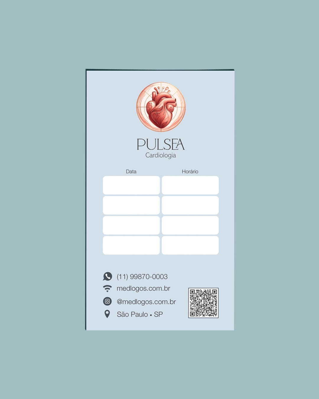 Cartão de próxima consulta para cardiologia, ideal para organização de retornos. Impressão premium.