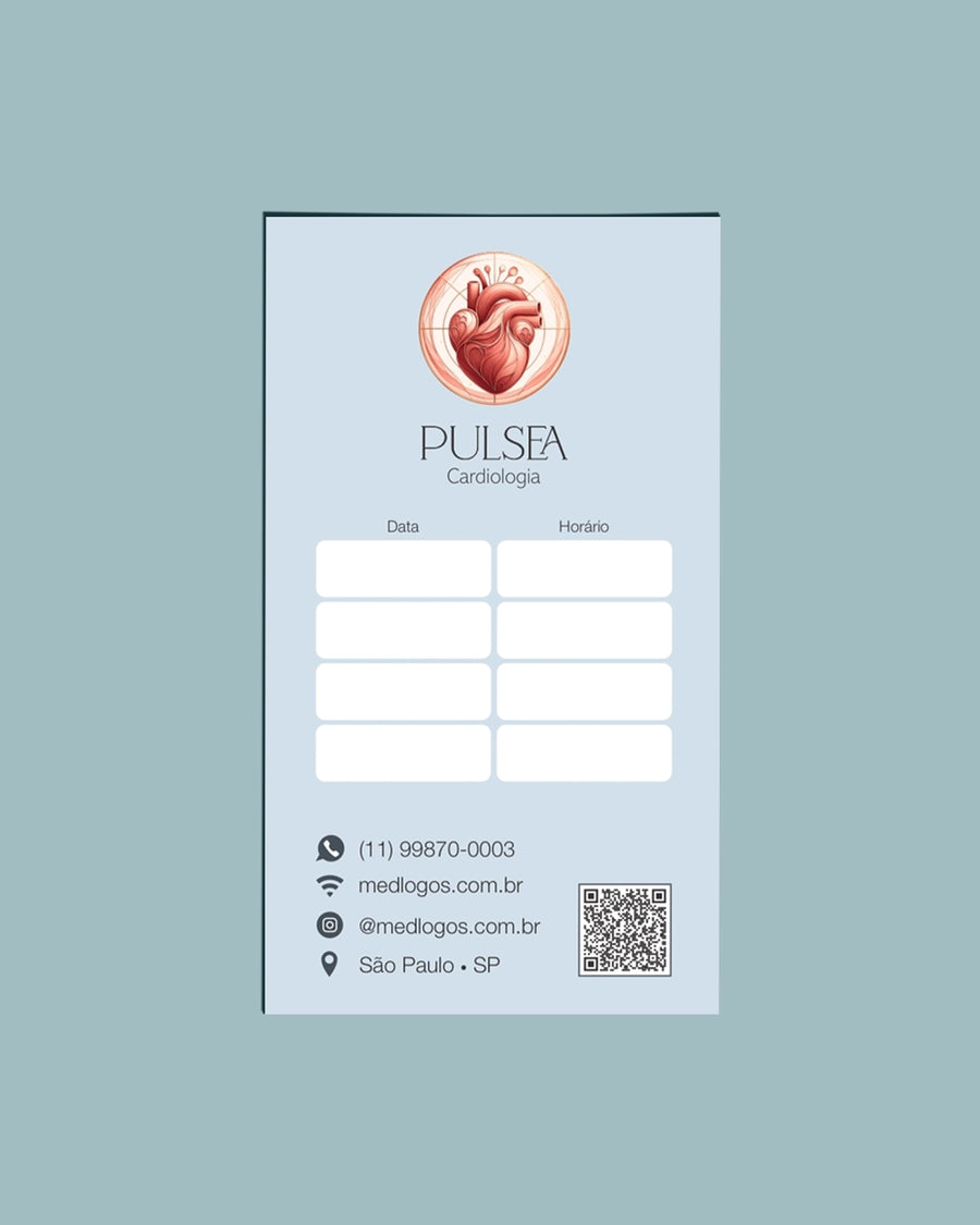 Cartão de próxima consulta para cardiologia, ideal para organização de retornos. Impressão premium.