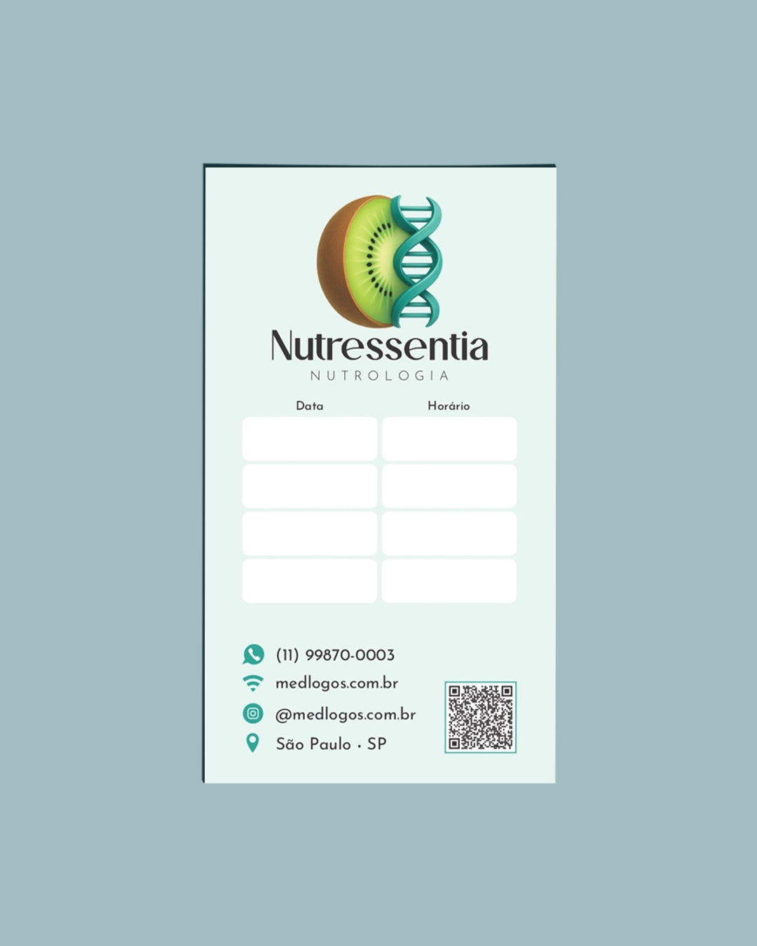 Cartão de retorno para consultas em nutrologia com campos para data e orientações, impresso pela gráfica médica Med Logos.