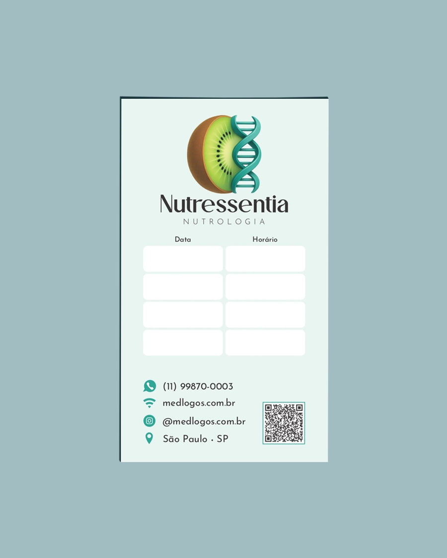 Cartão de retorno para consultas em nutrologia com campos para data e orientações, impresso pela gráfica médica Med Logos.