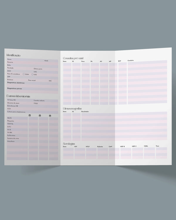 Cartão pré-natal para acompanhamento gestacional, com campos extras para vacinas e orientações. Customize na gráfica ginecologia online: conforme normas do Ministério da Saúde, impressão premium. 