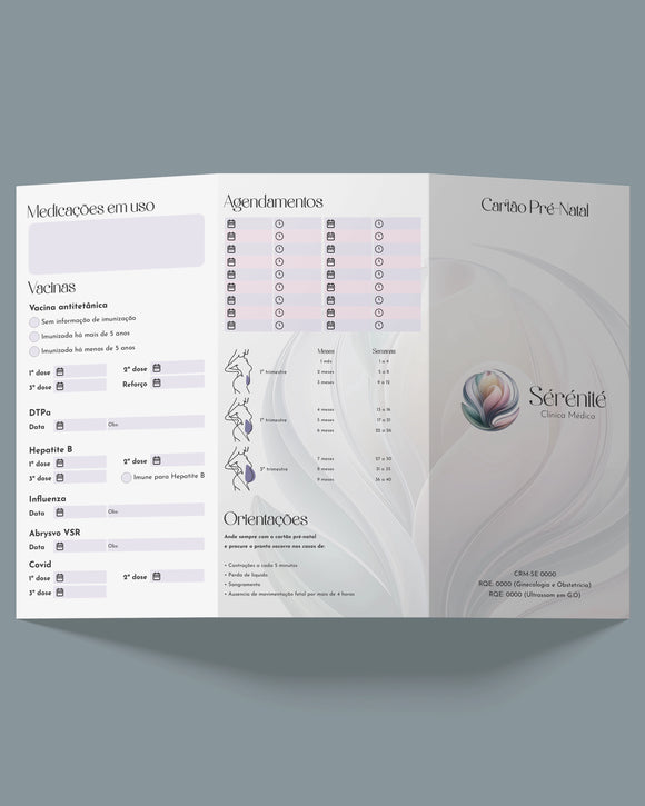 Cartão pré-natal atualizado, incluindo cartão de consultas, exames e dicas para gravidez saudável, para ginecologistas e obstetras, impresso pela gráfica Med Logos.