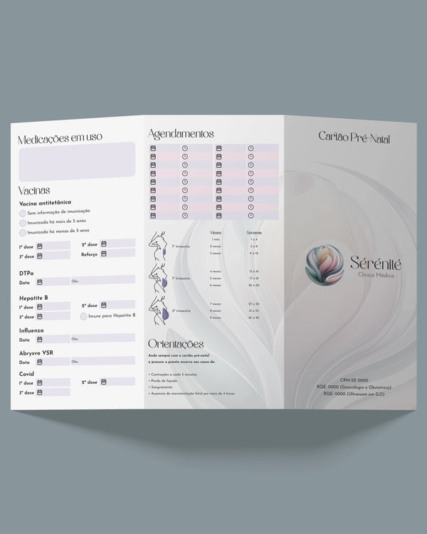 Cartão pré-natal atualizado, incluindo cartão de consultas, exames e dicas para gravidez saudável, para ginecologistas e obstetras, impresso pela gráfica Med Logos.