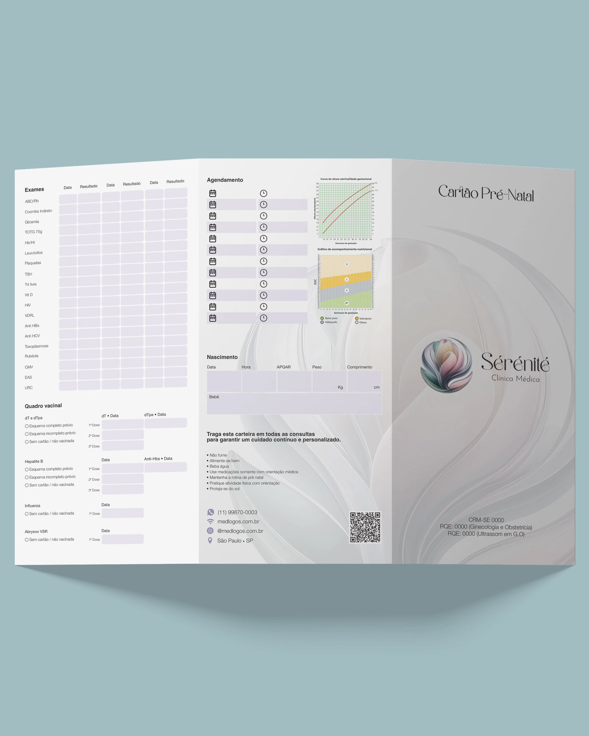 Capa ilustrada do cartão pré-natal modelo com lindo design, papel premium fosco que não borra, ideal para obstetrícia pela Med Logos.