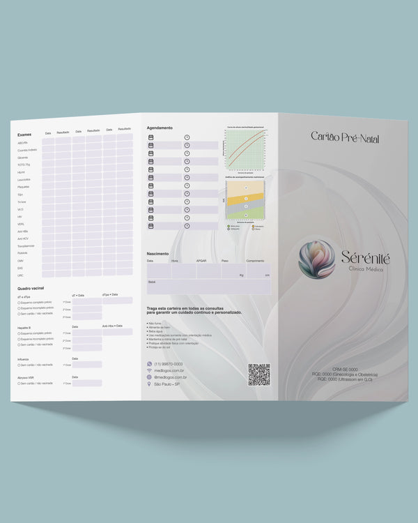 Capa ilustrada do cartão pré-natal modelo com lindo design, papel premium fosco que não borra, ideal para obstetrícia pela Med Logos.