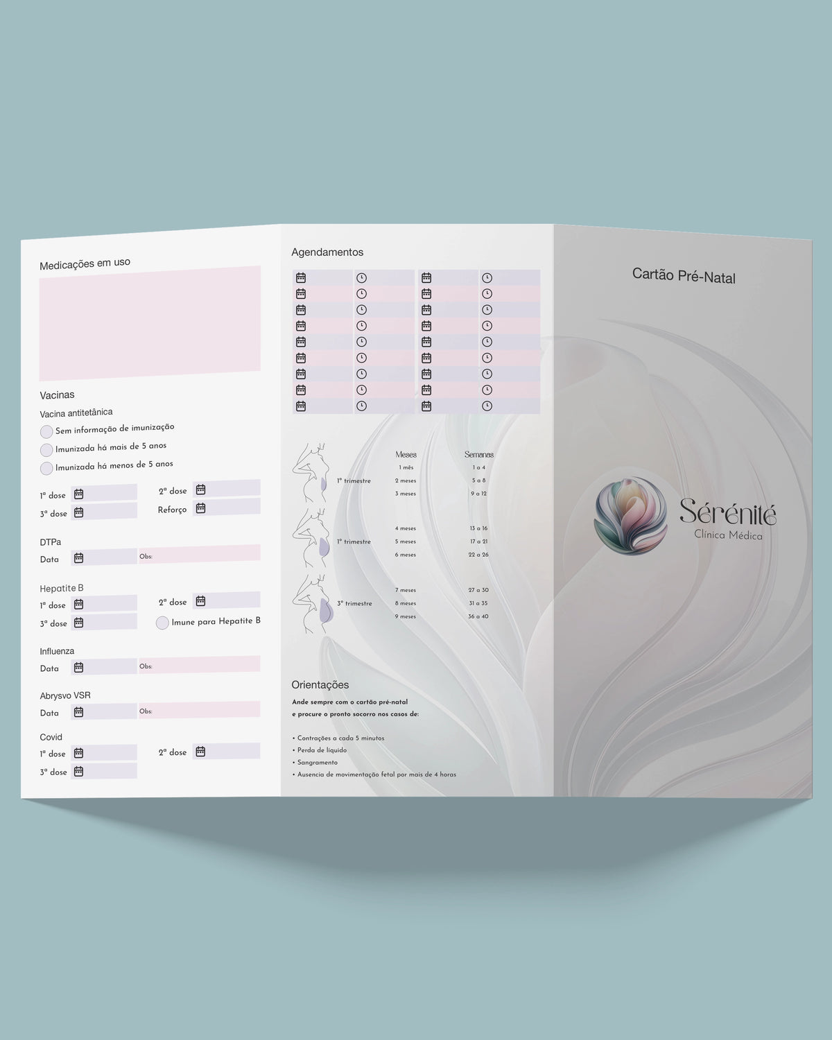 Cartão pré-natal modelo 1 com seções para consultas e exames, design diferenciado em papel fosco anti-borrão, impresso pela gráfica especializada Med Logos.