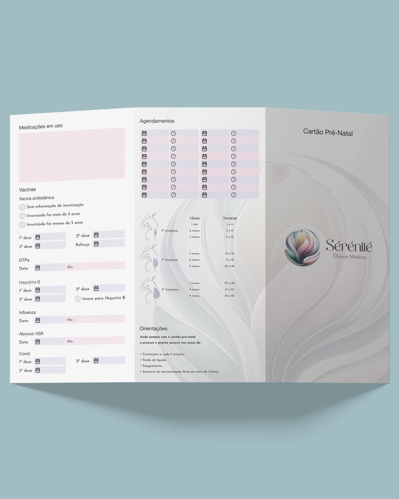 Cartão pré-natal modelo 1 com seções para consultas e exames, design diferenciado em papel fosco anti-borrão, impresso pela gráfica especializada Med Logos.