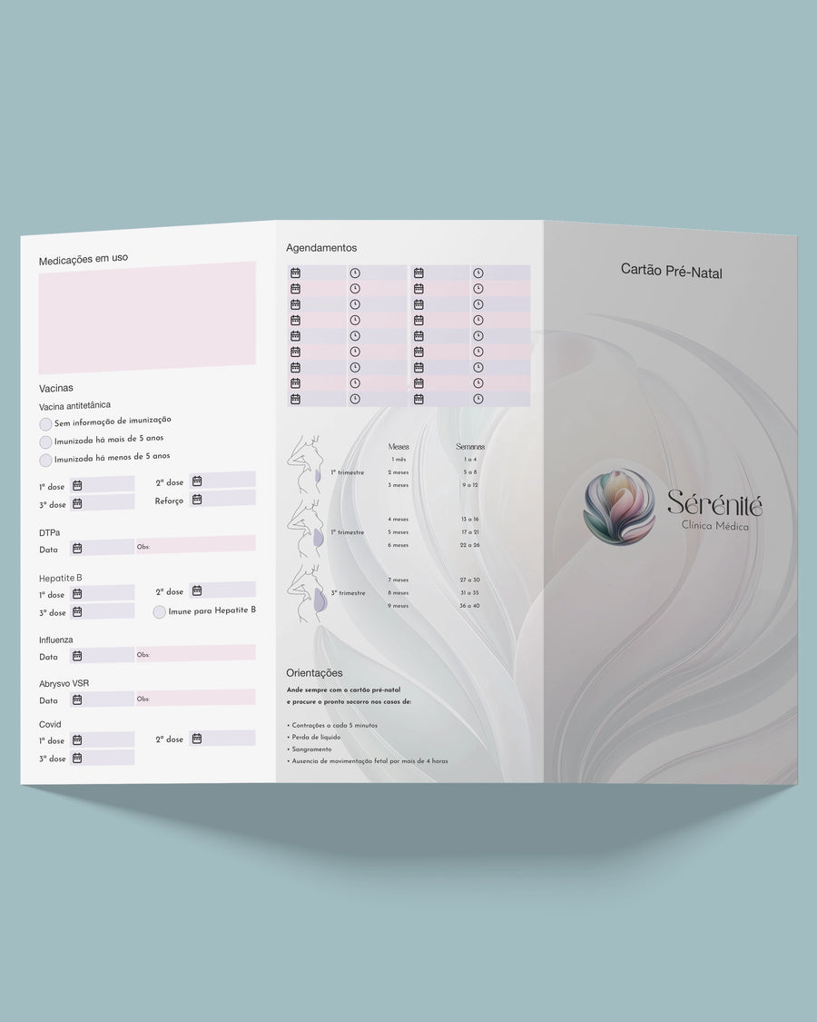 Cartão pré-natal modelo 1 com seções para consultas e exames, design diferenciado em papel fosco anti-borrão, impresso pela gráfica especializada Med Logos.