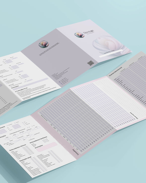 Cartão pré-natal com design minimalista para gestantes, impresso em papel fosco anti-borrão pela gráfica especializada Med Logos.