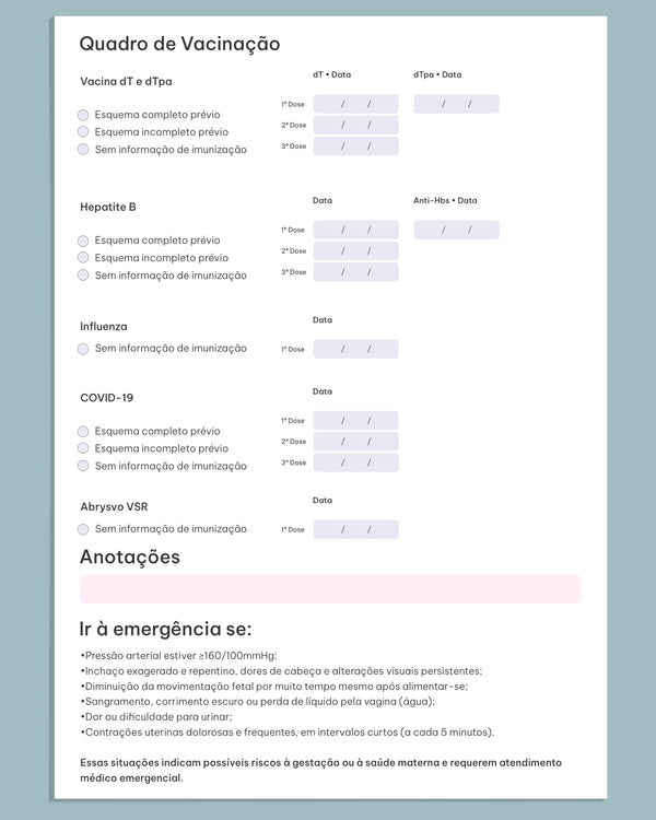 Visão de seções de diagnósticos prévios em cartão pré-natal, impresso com design diferenciado pela gráfica Med Logos.