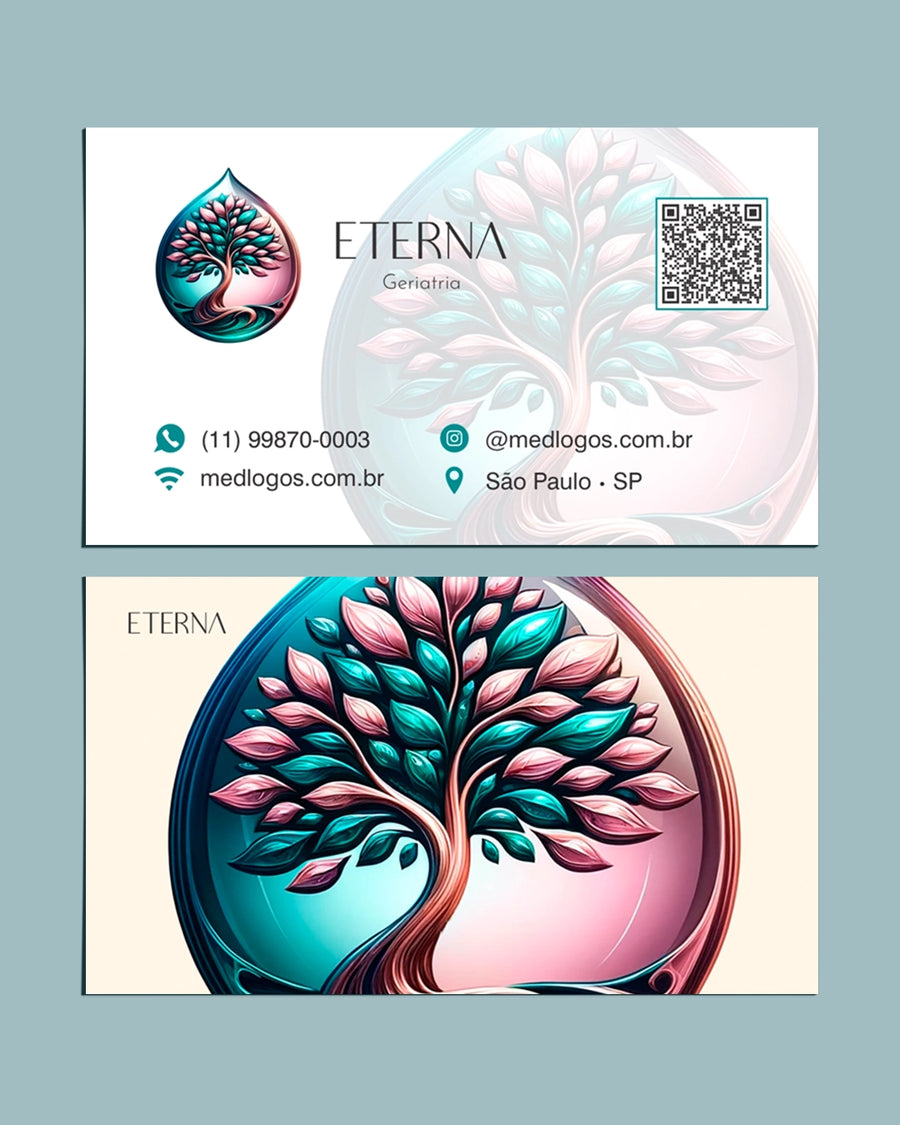 Cartão de visita Eterna geriatria de cantos retos, frente com QR code e verso com árvore em gota
