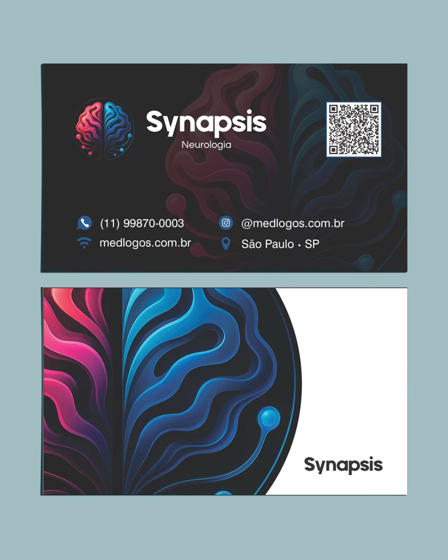 Cartão de visita Synapsis neurologia de cantos retos, frente preta com QR code e verso com cérebro colorido