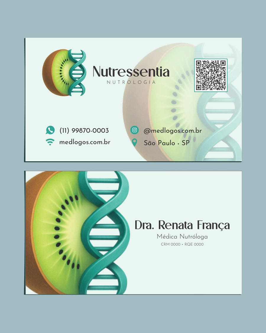 Cartão de visita Nutressentia nutrologia de cantos retos, frente e verso com kiwi e hélice de DNA