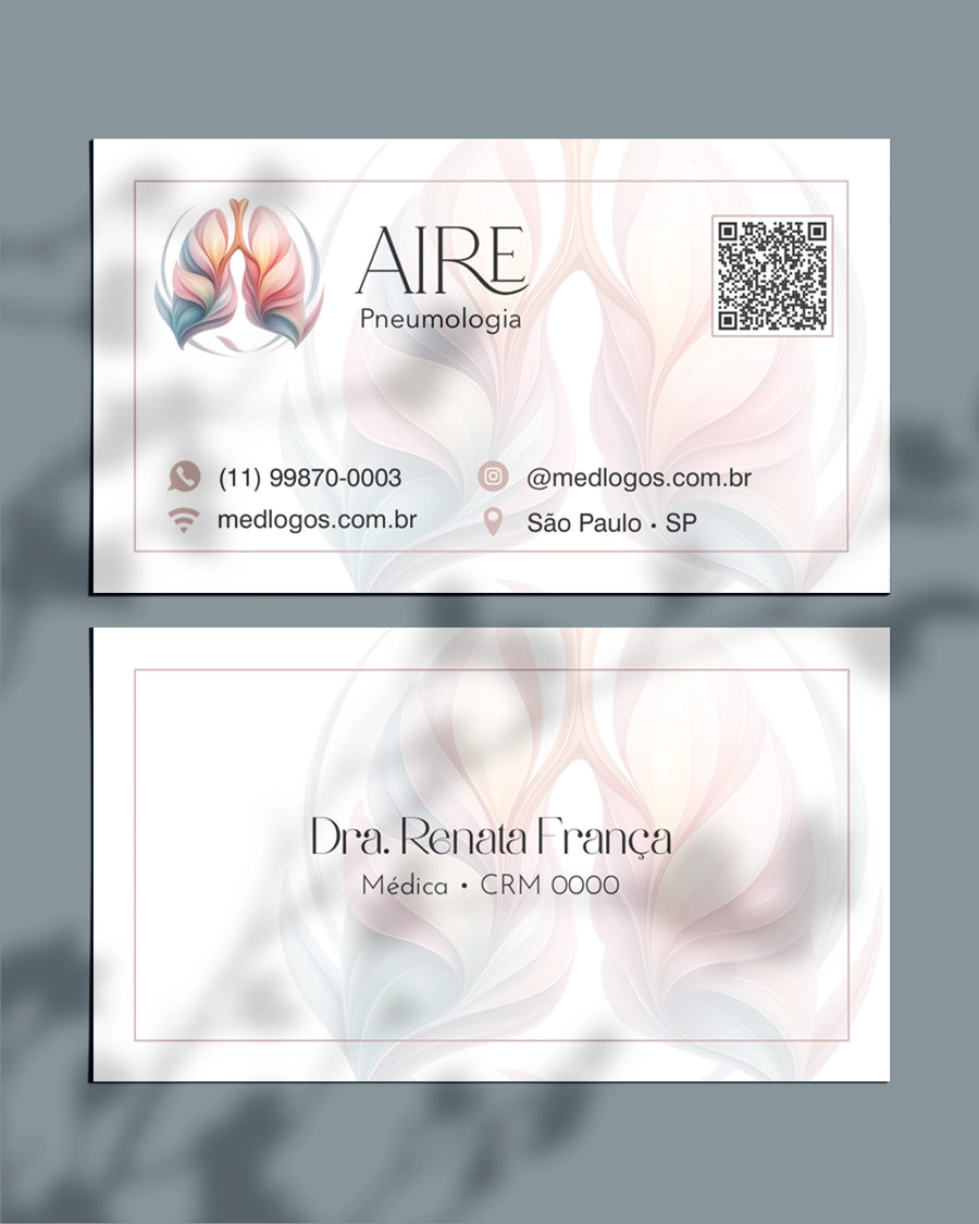 Cartão de visita Aire pneumologia de cantos retos, frente com ilustração de pulmões e QR code e verso branco
