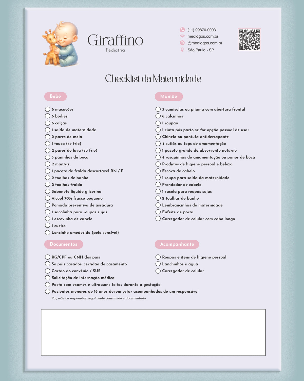 Checklist da maternidade modelo Giraffino com listas para bebê, mamãe, documentos e acompanhante