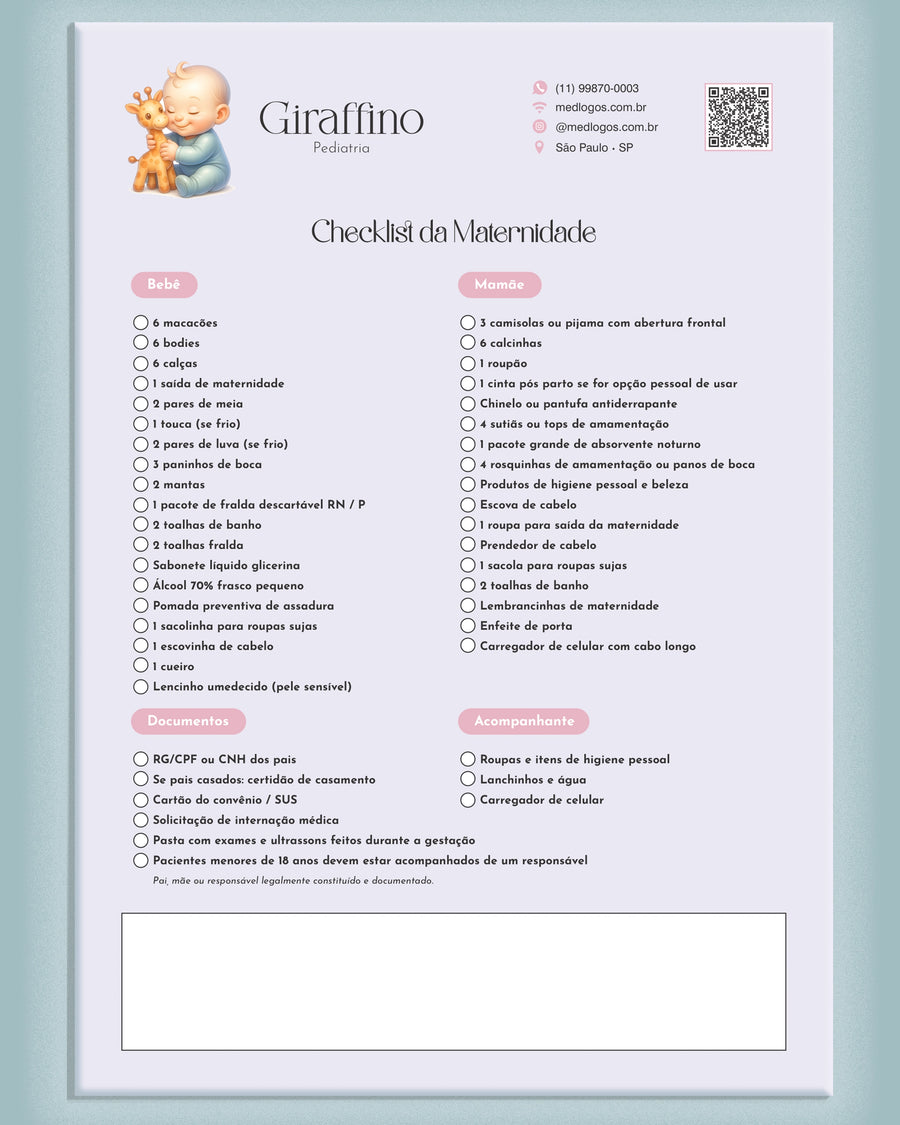 Checklist da maternidade modelo Giraffino com listas para bebê, mamãe, documentos e acompanhante