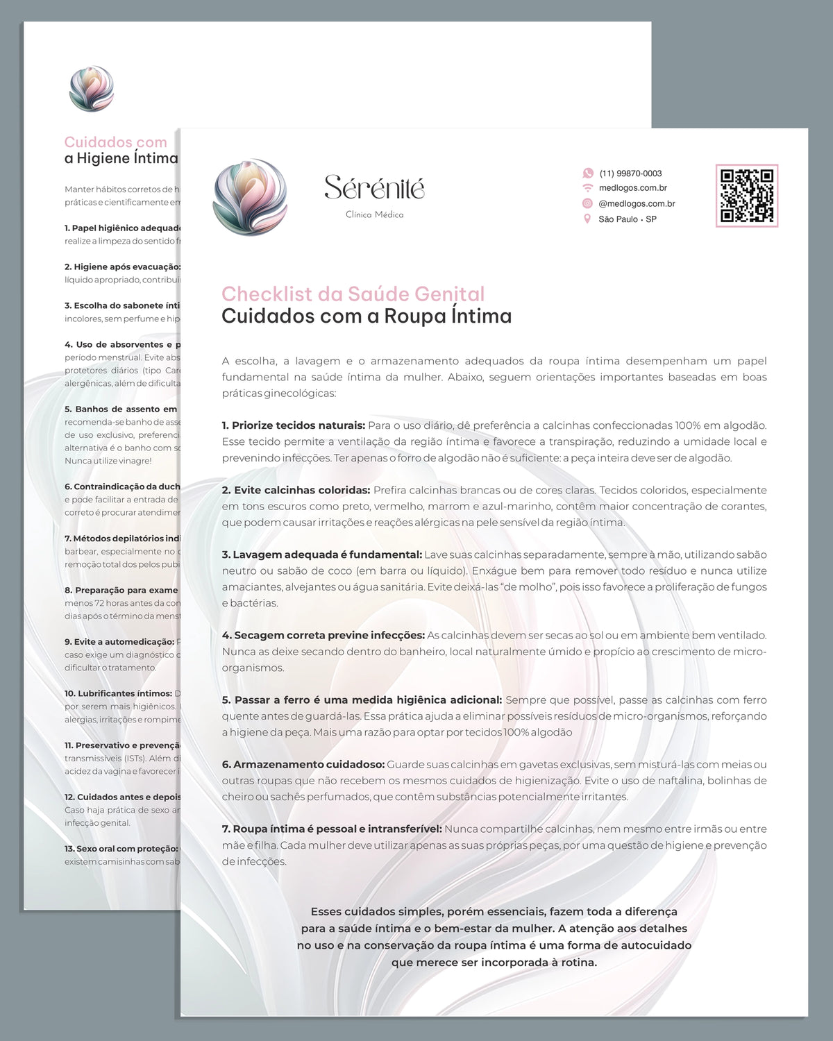 Checklist de saúde genital feminina com orientações sobre higiene íntima, cuidados com a calcinha e prevenção de infecções, material educativo para clínicas ginecológicas.