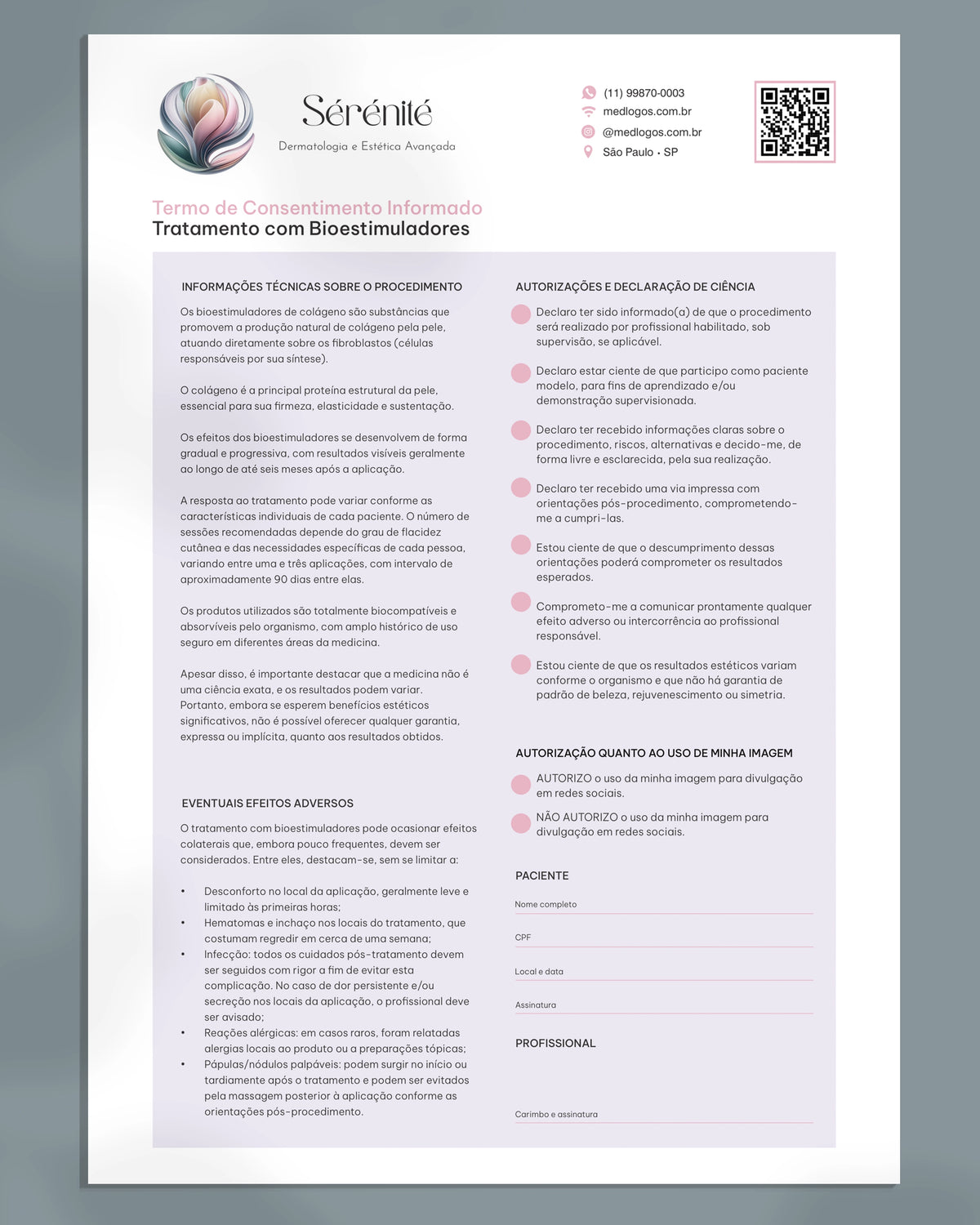 Termo de consentimento para bioestimulador de colágeno