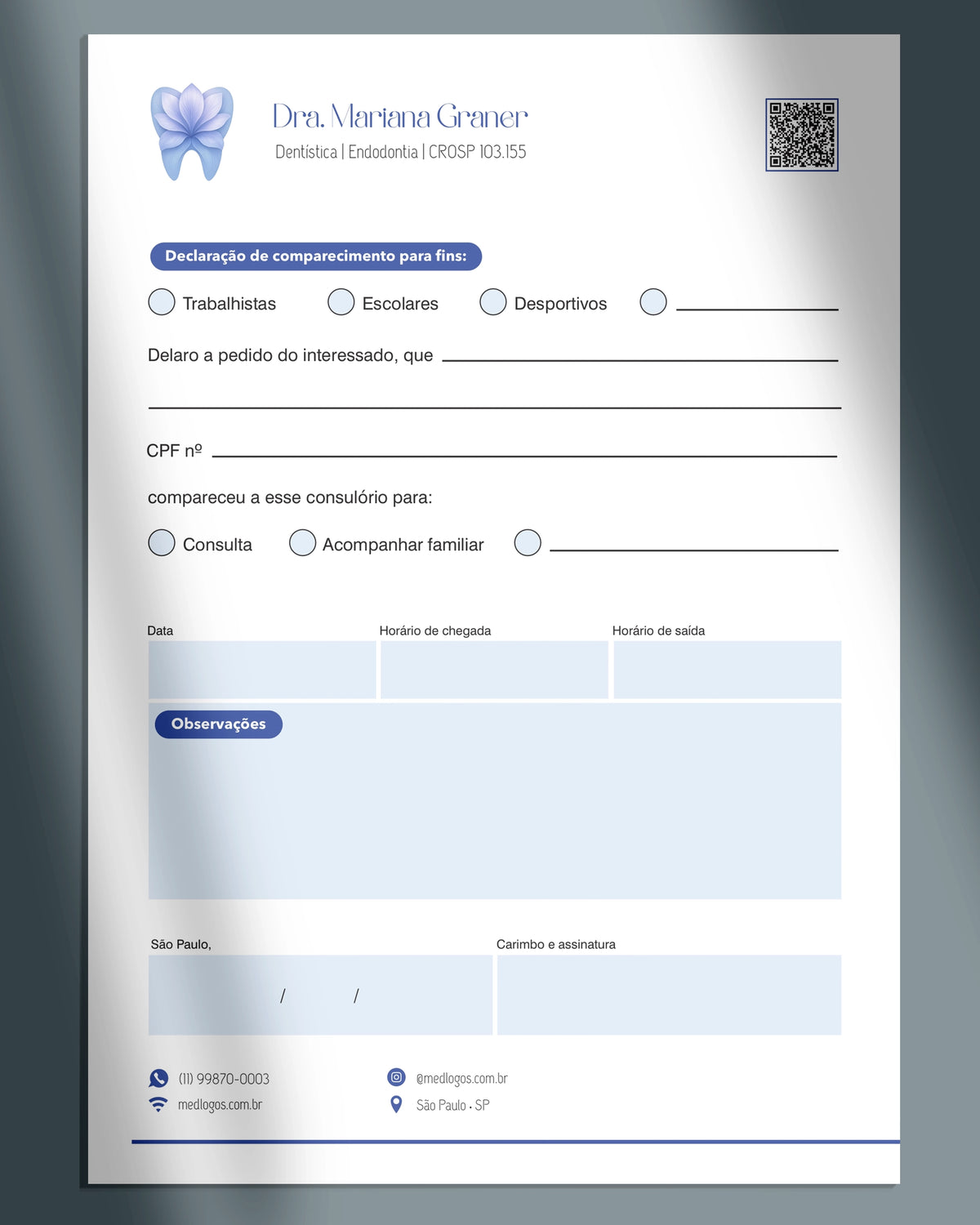 Declaração de comparecimento para dentista em tons de azul com campos de data e horários