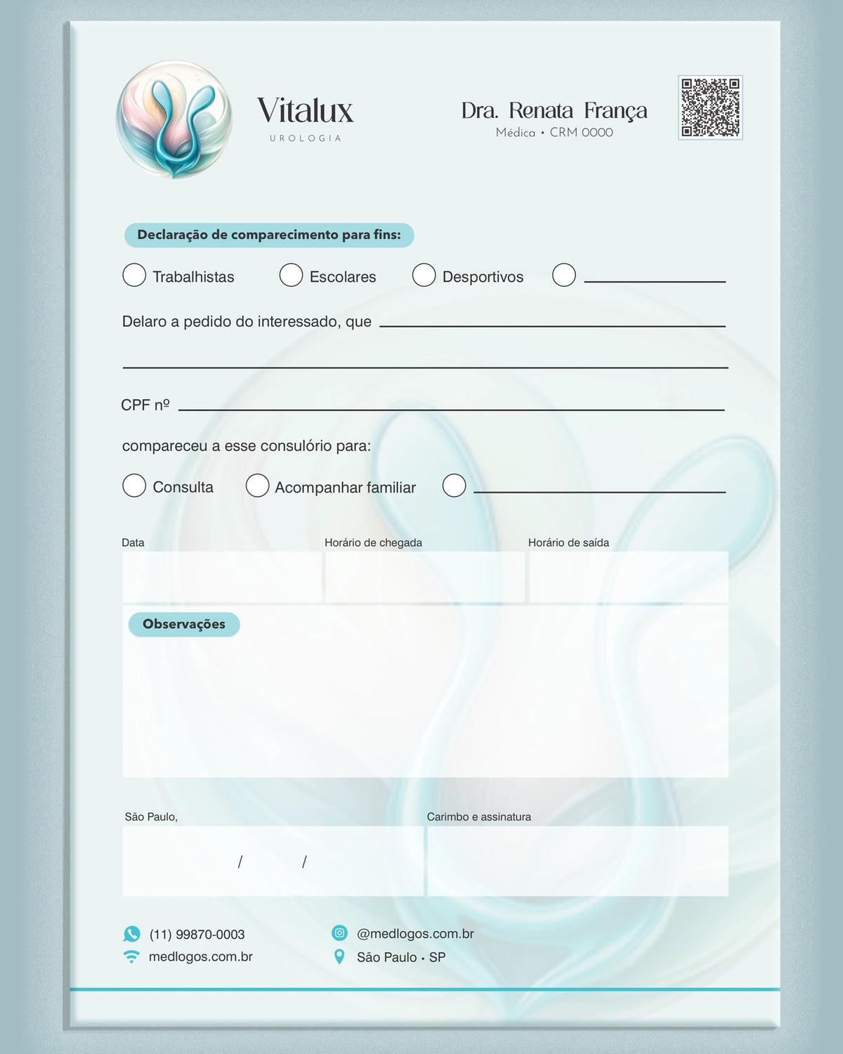 Declaração de comparecimento para consultas em urologia, com campos para data e duração, impressa pela gráfica Med Logos.
