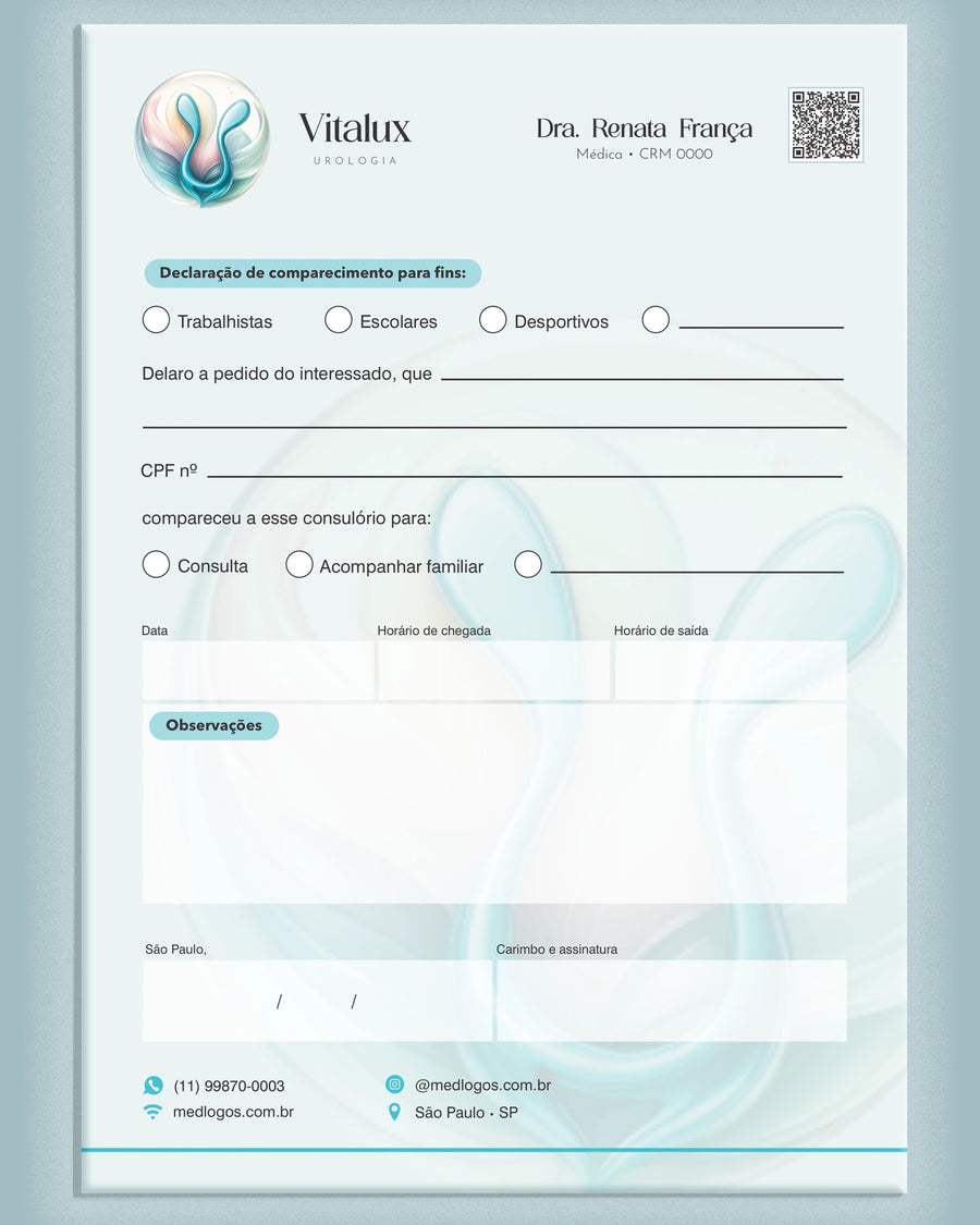 Declaração de comparecimento para consultas em urologia, com campos para data e duração, impressa pela gráfica Med Logos.