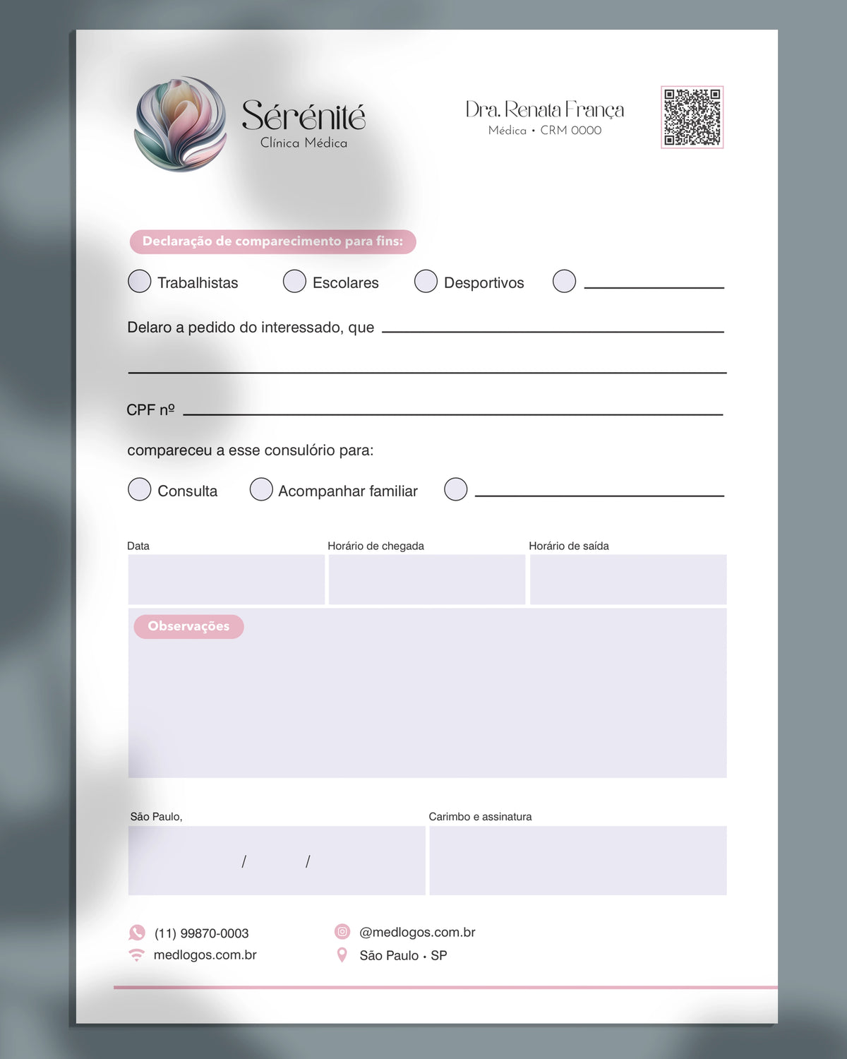 Declaração de comparecimento dermatologia - impressão premium e layout funcional.