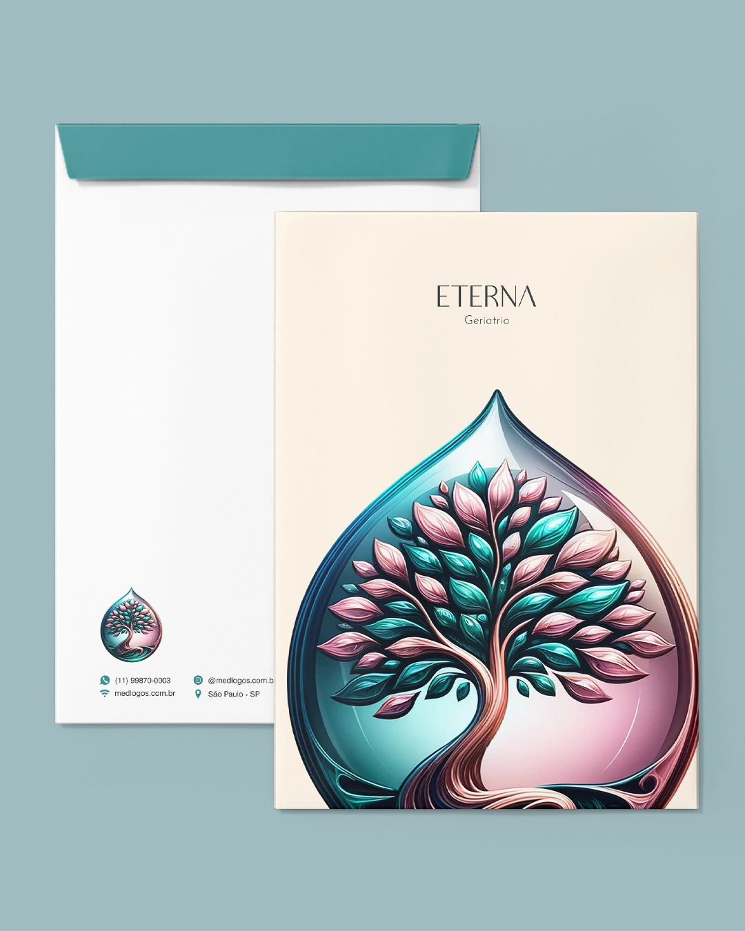 Envelope saco modelo Eterna para geriatria com aba verde azulada e árvore ilustrada na frente