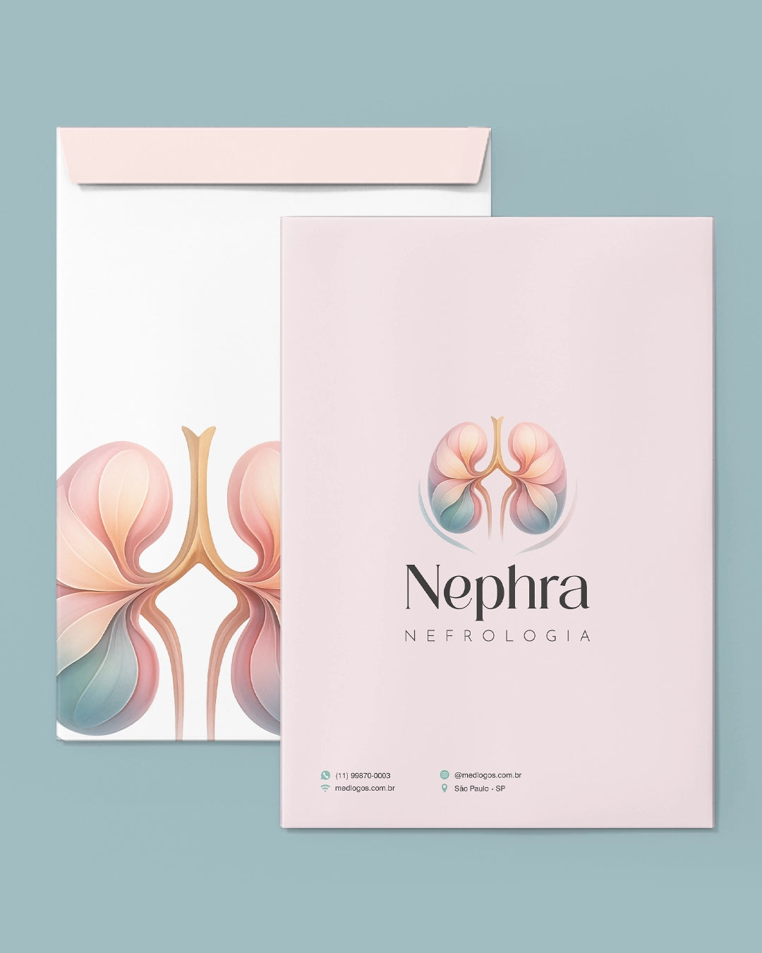 Envelopes saco para exames do modelo Nephra Nefrologia, um rosa e um branco