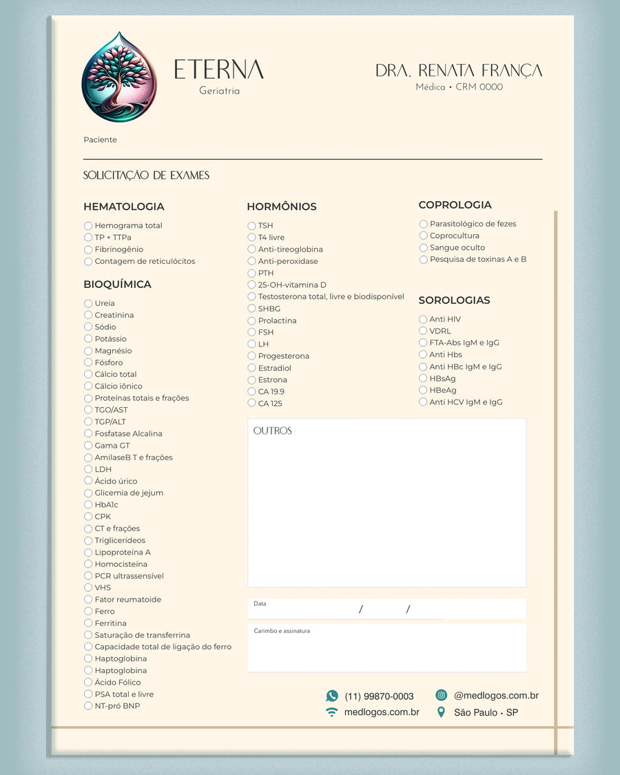 Solicitação de exames laboratoriais modelo Eterna para geriatria com fundo creme