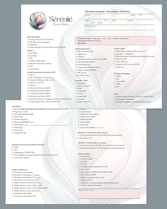Solicitação de exames completa para ginecologia e obstetrícia. Impressão e design premium.