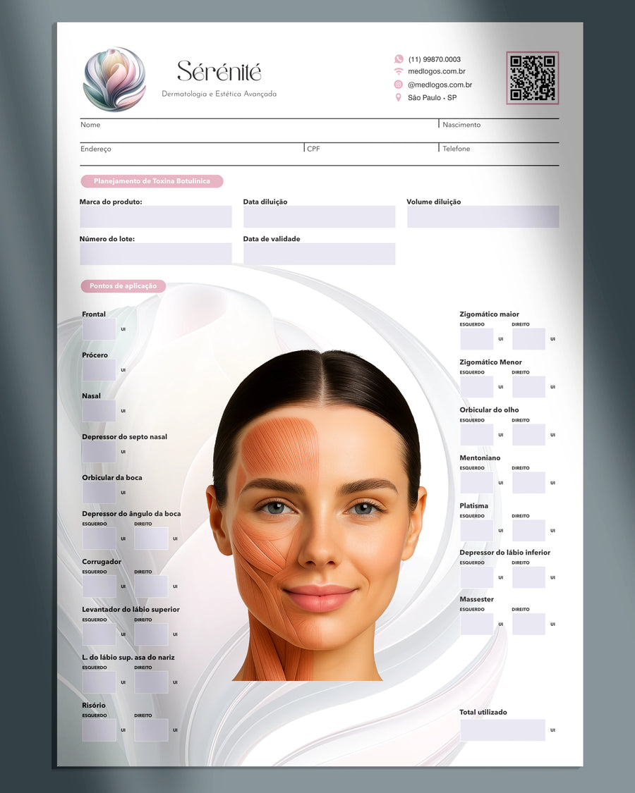 Ficha Botox Premium para profissionais de estética. Planejamento e formulário clínico de aplicação. Ficha completa.