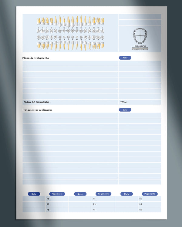 Prontuário odontológico para dentistas, impressão premium e design de ficha clínica com anamnese, plano de tratamento e de pagamento.
