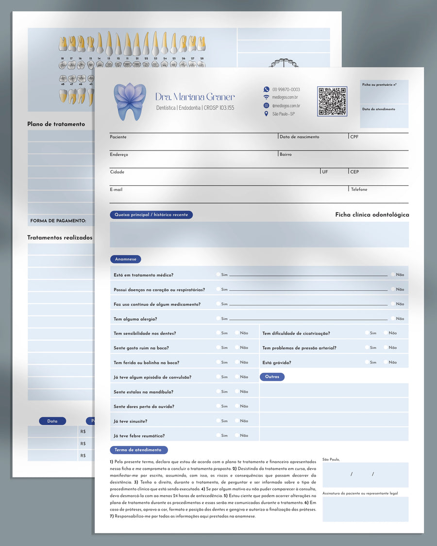 Ficha clínica odontológica em tons de azul, frente com anamnese e verso com odontograma