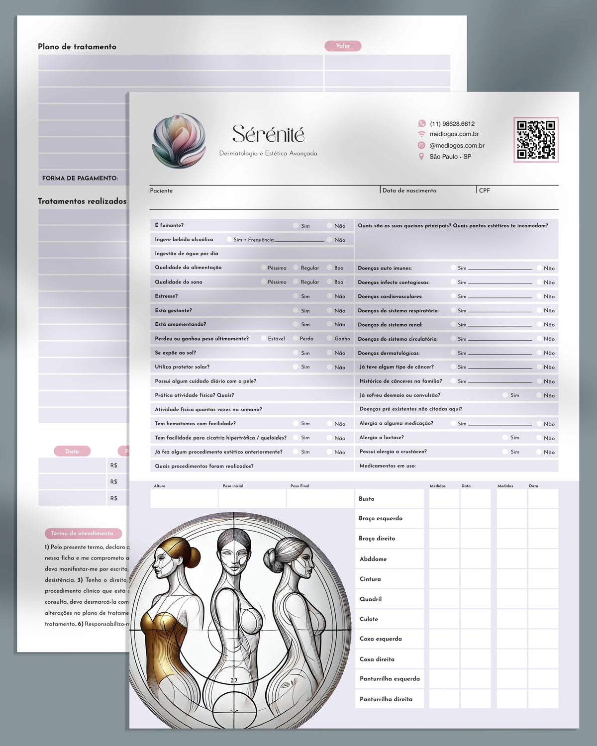 Ficha corporal completa. Formulário clinico com anamnese de procedimentos de estética avançada corporal.