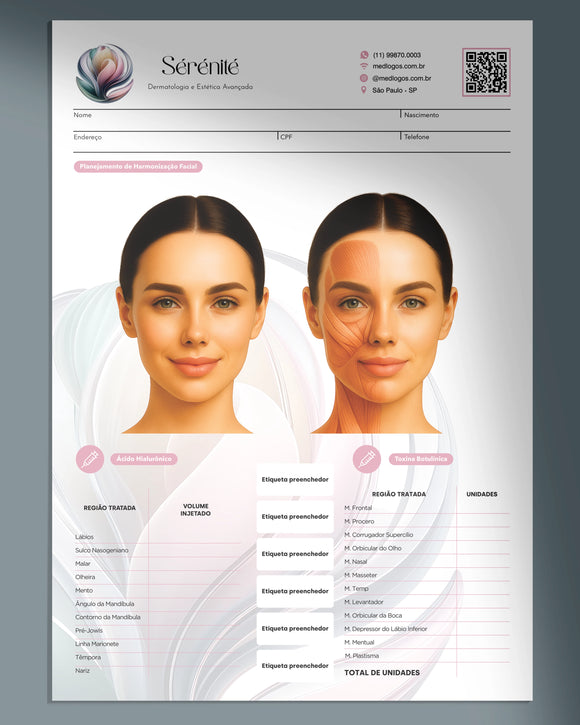 Ficha de planejamento de injetáveis para harmonização facial HOF. Design elegante e técnico.